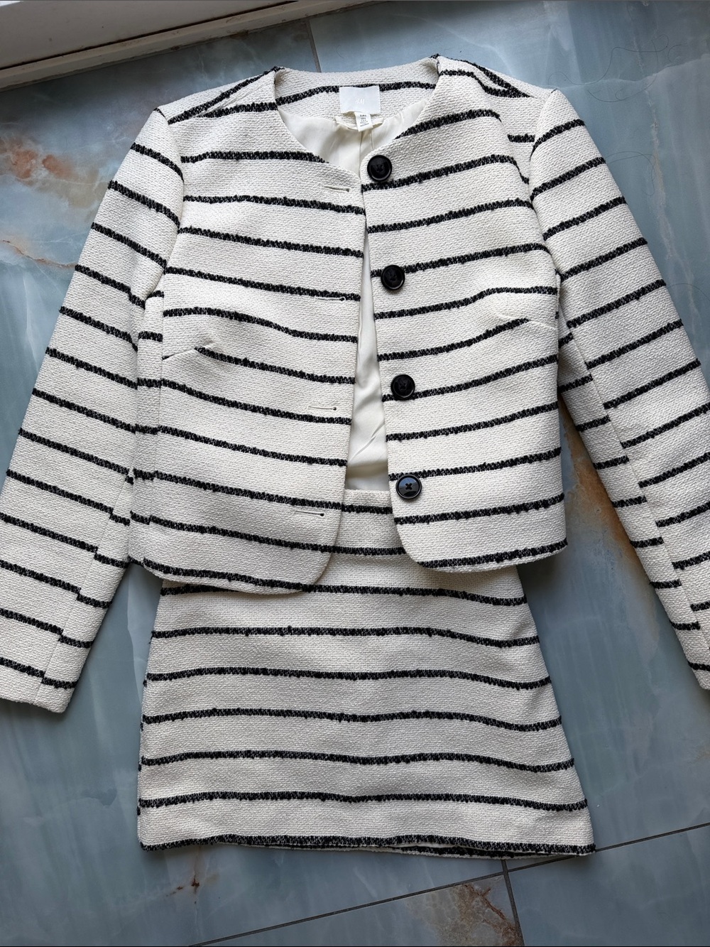 Striped Black & White Bouclé Jacket and Skirt Set